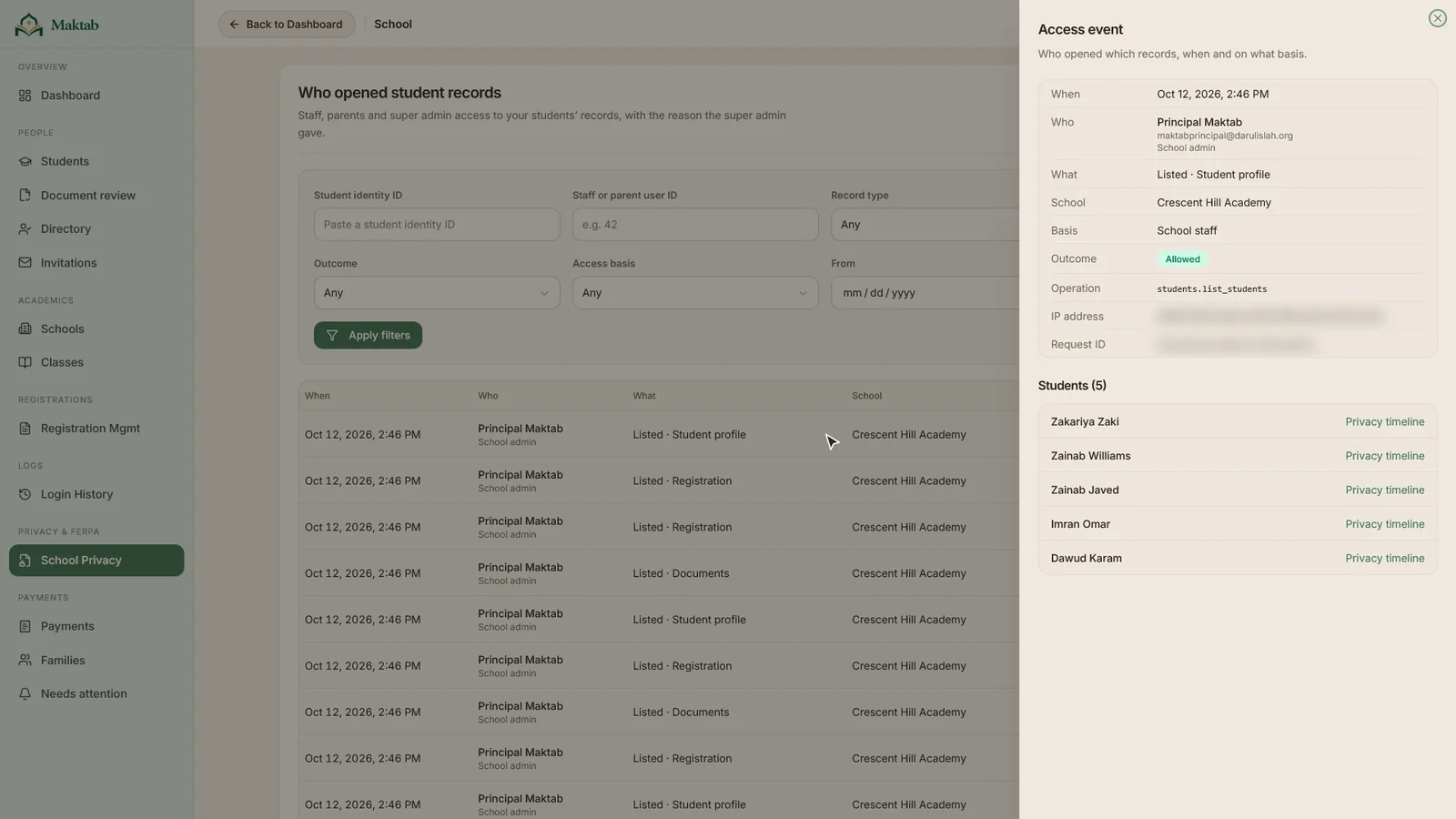 The school privacy access log with an access event showing who opened which student records and why