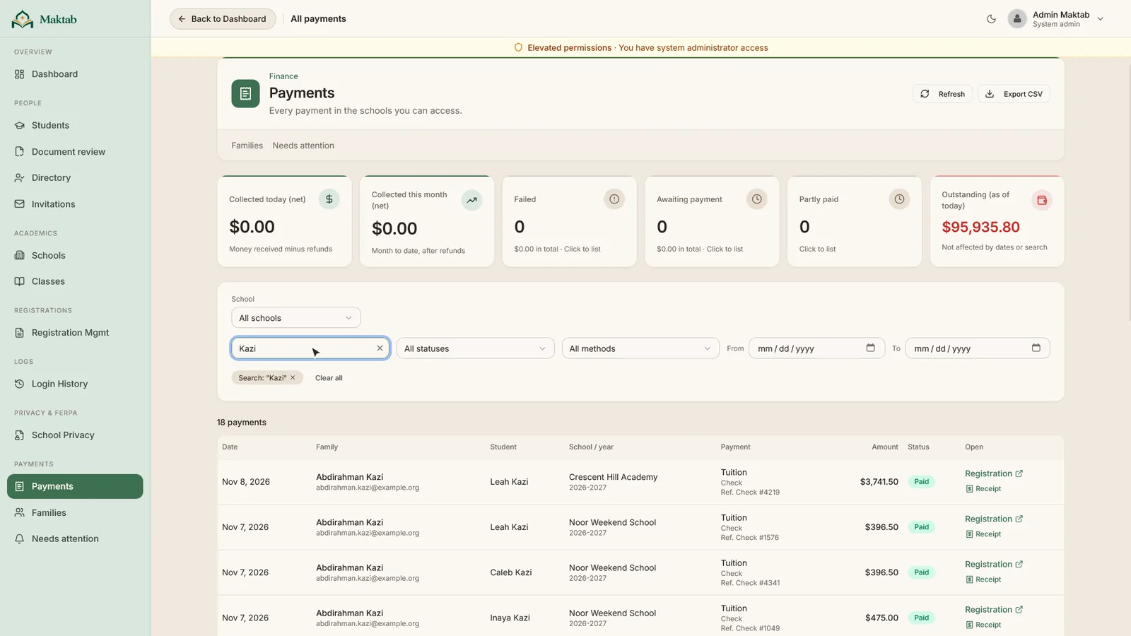 The payment feed with collected, outstanding and failed totals and a list of payments