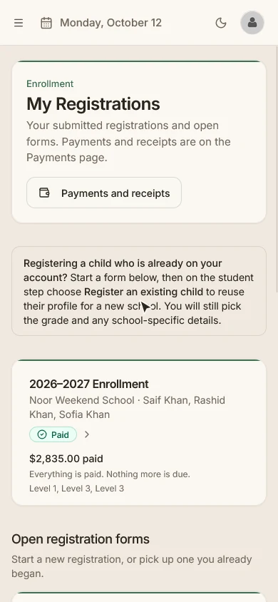 A parent's registration page on a phone, with open forms for two schools