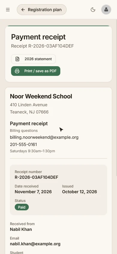 A payment receipt on a phone with the school's address and billing contact