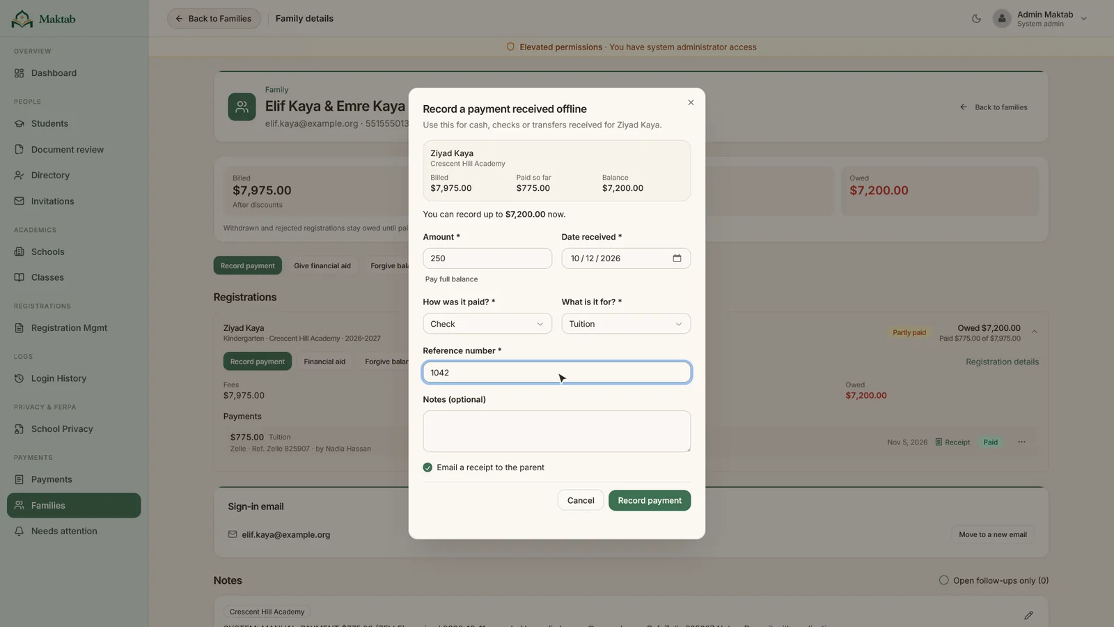 The Record a payment dialog with amount, check, reference number and email receipt