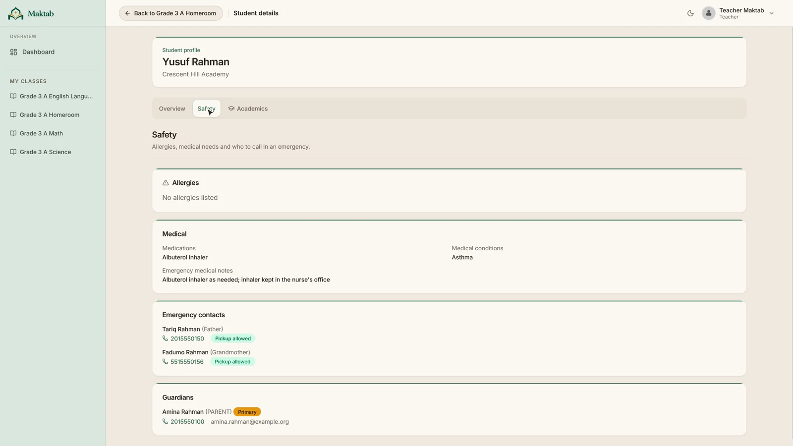 A teacher's Safety tab with allergies, medications and emergency contacts for one student