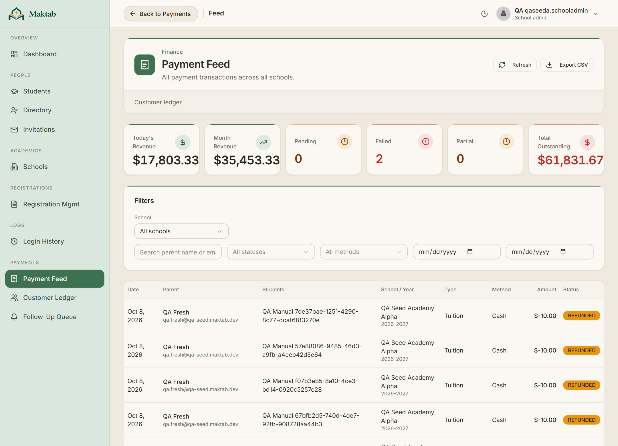 Maktab payment feed with transactions, balances, and filters