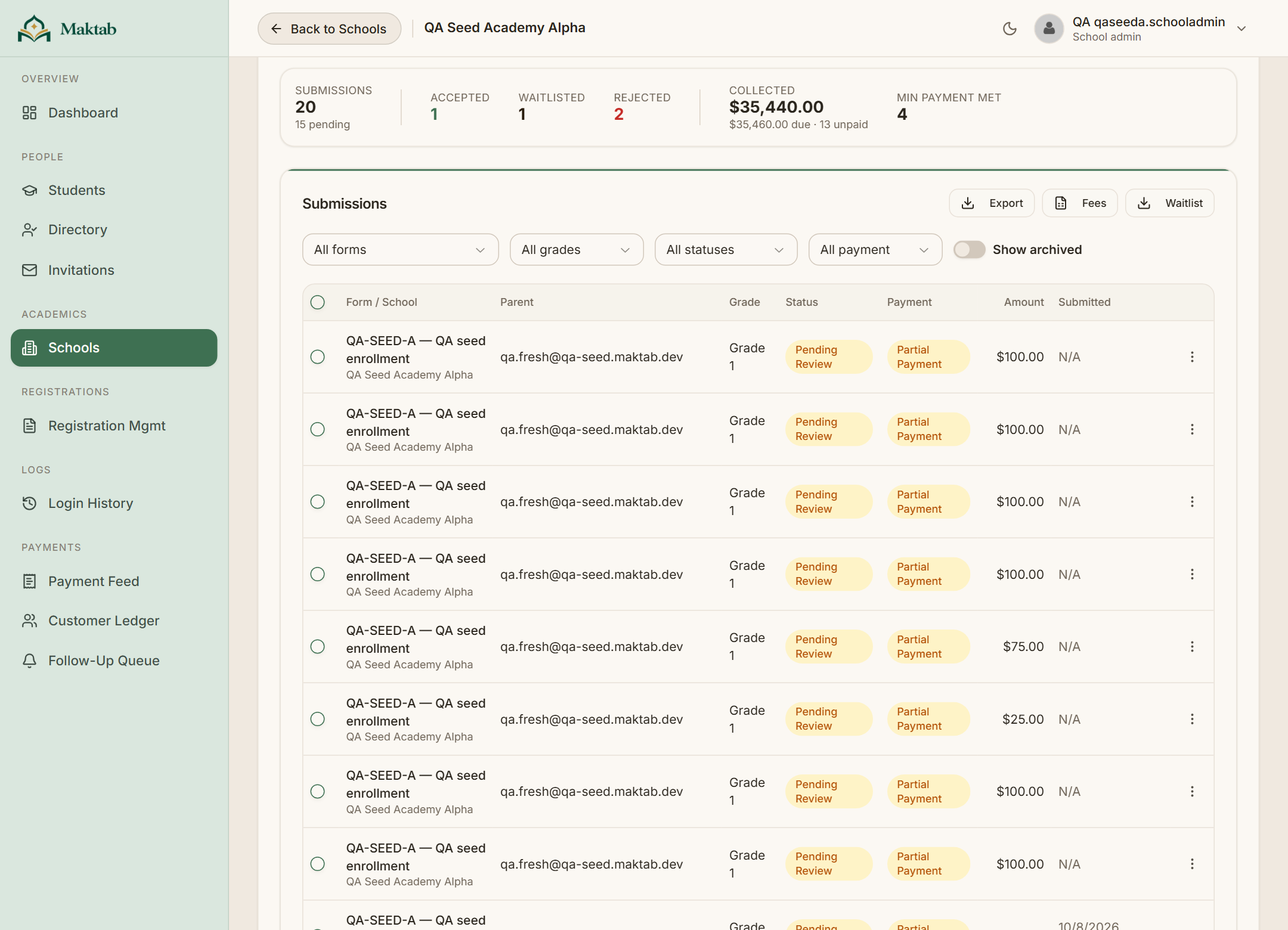 Maktab registration submissions and payment statuses